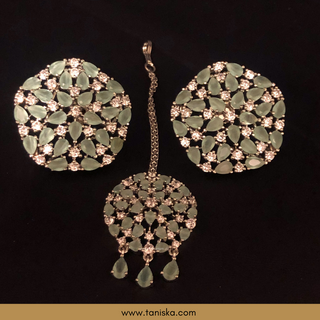 American Diamond Style Earring & Tikka Set - Mint / Silver