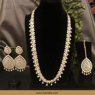 American Diamond Style Cubic Zirconia Long Necklace Set - Silver - Necklace Set