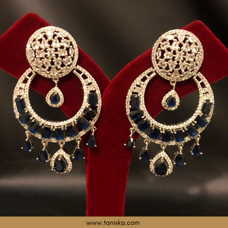 American Diamond Style Earring & Tikka Set - Navy / Silver