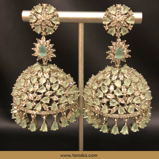 American Diamond Style Earring & Tikka Set - Silver/Mint