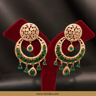 American Diamond Style Earrings & Tikka Set - Emerald Green / Rose Gold