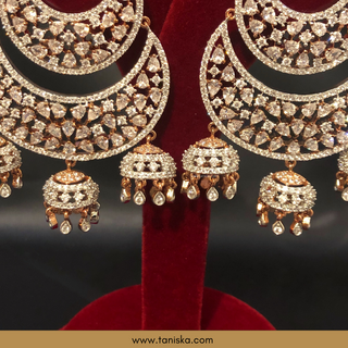 American Diamond Style Cubic Zirconia Statement Earrings - Triple Jhumki Rose Gold Plated