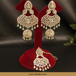 American Diamond Style Cubic Zirconia Statement Earring & Tikka Set - Silver Plated - Silver/Mint