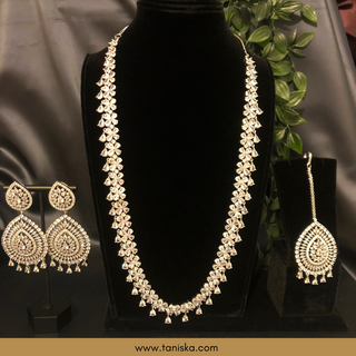 American Diamond Style Cubic Zirconia Long Necklace Set - Silver - Necklace Set