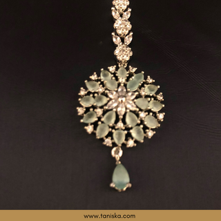 American Diamond Style Earring & Tikka Set - Silver/Mint