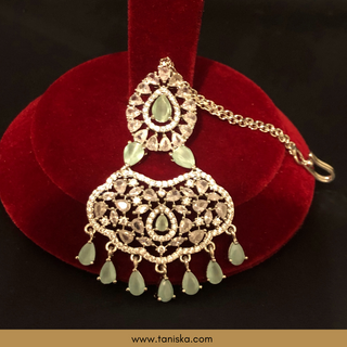 American Diamond Style Cubic Zirconia Statement Earring & Tikka Set - Silver Plated - Silver/Mint