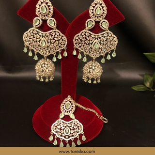 American Diamond Style Cubic Zirconia Statement Earring & Tikka Set - Silver Plated - Silver/Mint