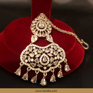 American Diamond Style Cubic Zirconia Statement Earring & Tikka Set - Silver Plated - Silver