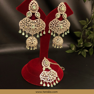 American Diamond Style Cubic Zirconia Statement Earring & Tikka Set - Silver Plated - Silver/Mint