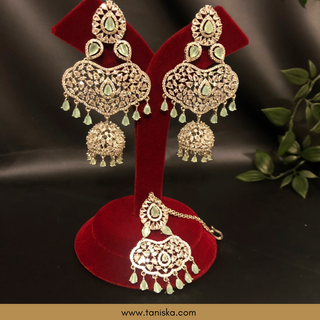 American Diamond Style Cubic Zirconia Statement Earring & Tikka Set - Silver Plated - Silver/Mint