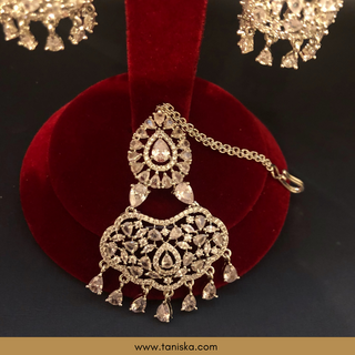 American Diamond Style Cubic Zirconia Statement Earring & Tikka Set - Silver Plated - Silver