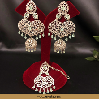 American Diamond Style Cubic Zirconia Statement Earring & Tikka Set - Silver Plated - Silver/Mint