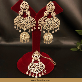 American Diamond Style Cubic Zirconia Statement Earring & Tikka Set - Silver Plated - Silver