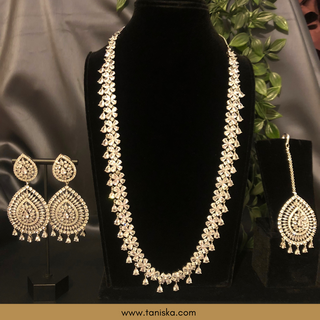American Diamond Style Cubic Zirconia Long Necklace Set - Silver - Necklace Set