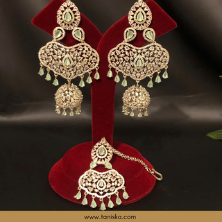 American Diamond Style Cubic Zirconia Statement Earring & Tikka Set - Silver Plated - Silver/Mint