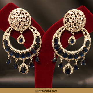 American Diamond Style Earring & Tikka Set - Navy / Silver