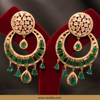 American Diamond Style Earrings & Tikka Set - Emerald Green / Rose Gold