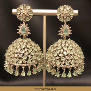 American Diamond Style Earring & Tikka Set - Silver/Mint
