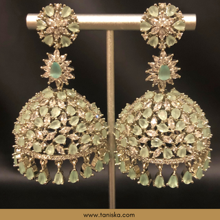 American Diamond Style Earring & Tikka Set - Silver/Mint