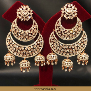 American Diamond Style Cubic Zirconia Statement Earrings - Triple Jhumki Rose Gold Plated