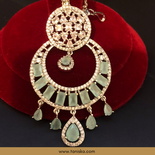 American Diamond Style Earring & Tikka Set - Mint / Silver