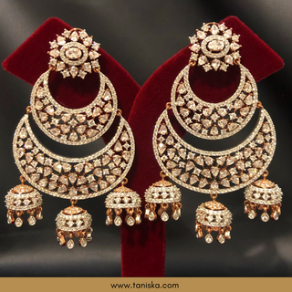 American Diamond Style Cubic Zirconia Statement Earrings - Triple Jhumki Rose Gold Plated