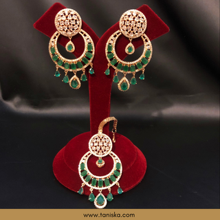 American Diamond Style Earrings & Tikka Set - Emerald Green / Rose Gold