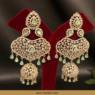 American Diamond Style Cubic Zirconia Statement Earring & Tikka Set - Silver Plated - Silver/Mint