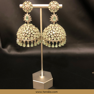 American Diamond Style Earring & Tikka Set - Silver/Mint