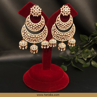 American Diamond Style Cubic Zirconia Statement Earrings - Triple Jhumki Rose Gold Plated