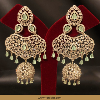 American Diamond Style Cubic Zirconia Statement Earring & Tikka Set - Silver Plated - Silver/Mint