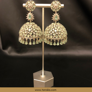 American Diamond Style Earring & Tikka Set - Silver/Mint