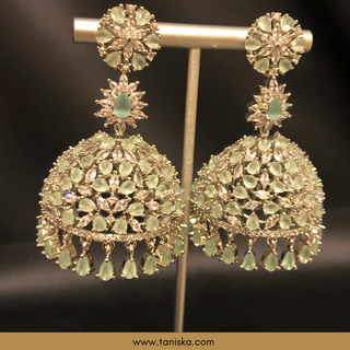 American Diamond Style Earring & Tikka Set - Silver/Mint
