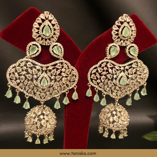 American Diamond Style Cubic Zirconia Statement Earring & Tikka Set - Silver Plated - Silver/Mint