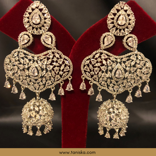 American Diamond Style Cubic Zirconia Statement Earring & Tikka Set - Silver Plated - Silver