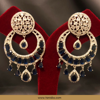 American Diamond Style Earring & Tikka Set - Navy / Silver