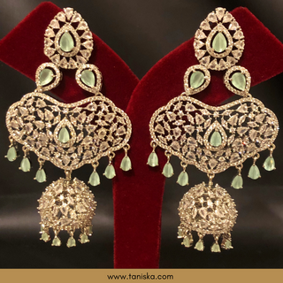 American Diamond Style Cubic Zirconia Statement Earring & Tikka Set - Silver Plated - Silver/Mint