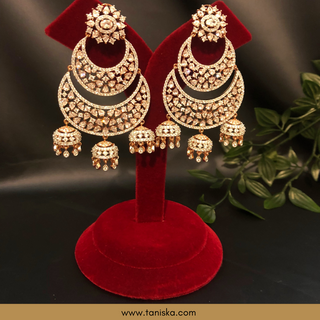 American Diamond Style Cubic Zirconia Statement Earrings - Triple Jhumki Rose Gold Plated