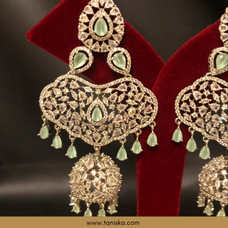 American Diamond Style Cubic Zirconia Statement Earring & Tikka Set - Silver Plated - Silver/Mint