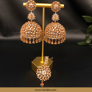 American Diamond Style Earring & Tikka Set - Rose Gold