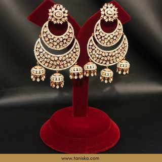 American Diamond Style Cubic Zirconia Statement Earrings - Triple Jhumki Rose Gold Plated