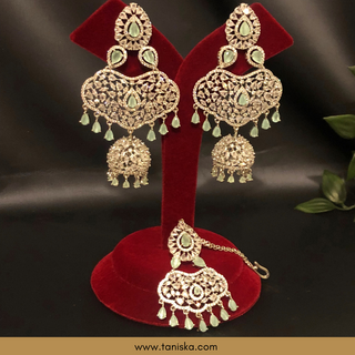 American Diamond Style Cubic Zirconia Statement Earring & Tikka Set - Silver Plated - Silver/Mint