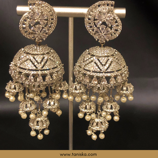 American Diamond Style Cubic Zirconia Statement Earring & Tikka Set - Silver Plated