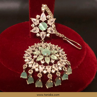 American Diamond Style Cubic Zirconia Statement Earring & Tikka Set - Silver/Mint