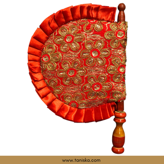 Punjabi Pakhi with Golden-Red Decorated Patterns (Hand-Fan - Single Piece) - Decorative Hand Fan