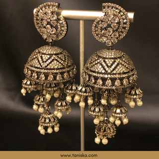 American Diamond Style Cubic Zirconia Statement Earring & Tikka Set - Gun Metal Silver Plated