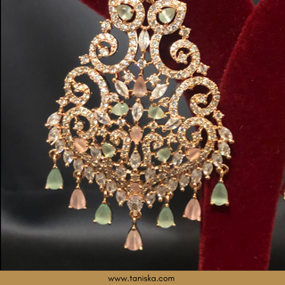 American Diamond Style Cubic Zirconia Statement Earring & Tikka Set - Rose Gold/Pink-Mint