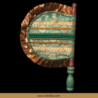 Punjabi Pakhi with Golden-Mint Decorated Patterns (Hand-Fan - Single Piece) - Decorative Hand Fan