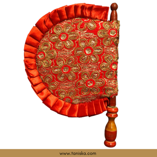 Punjabi Pakhi with Golden-Red Decorated Patterns (Hand-Fan - Single Piece) - Decorative Hand Fan