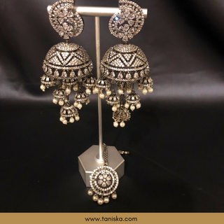 American Diamond Style Cubic Zirconia Statement Earring & Tikka Set - Gun Metal Silver Plated